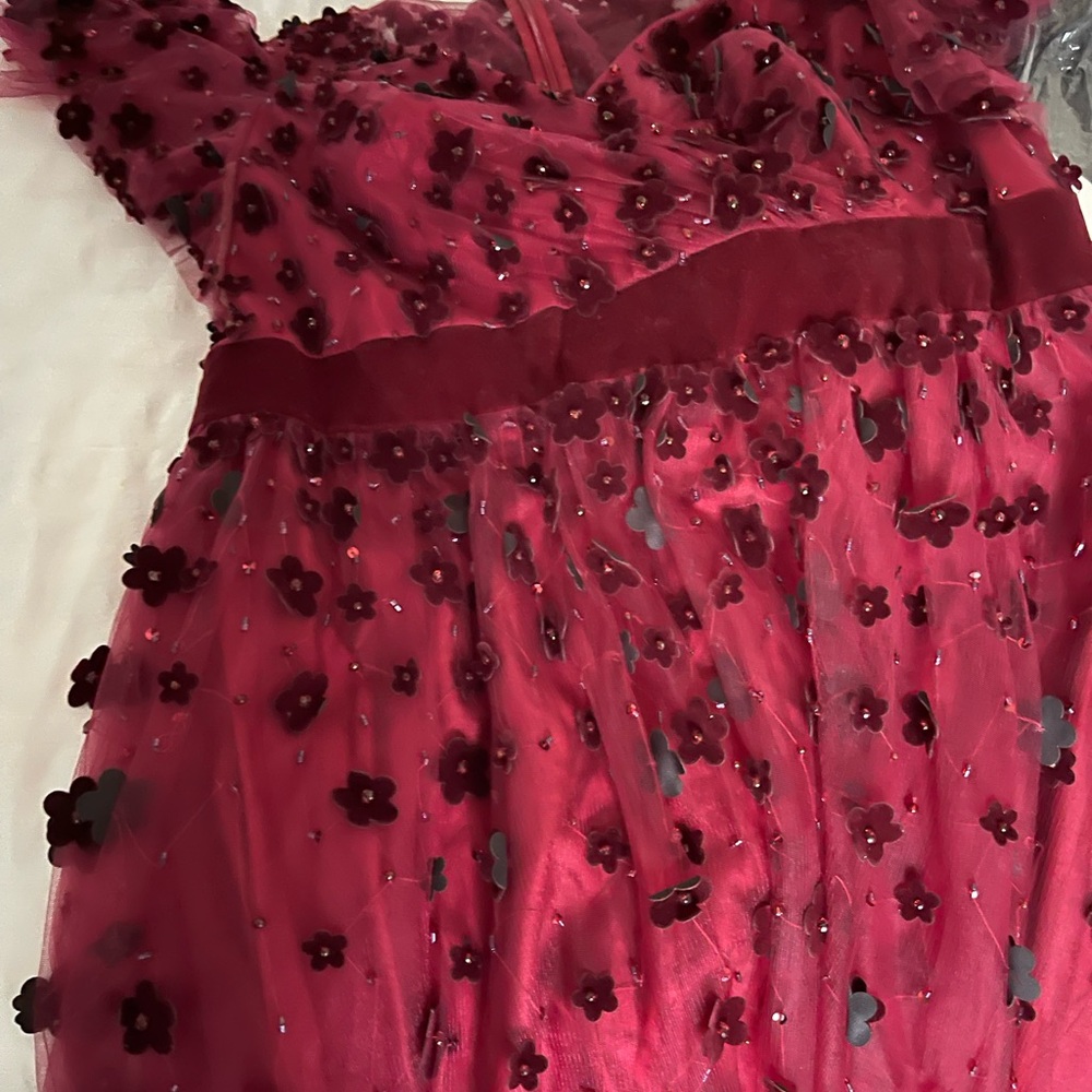 Mac Duggal Deep Berry Midi Dress with Burgundy Floral Appliqués - Picture 5 of 10